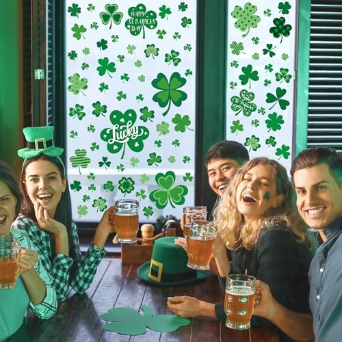 120 PCS St Patricks Day Decorations, 4 Sheets St Patricks Day Window Clings with Polka Dots Stripes Plaid Patterns, Double-Sided Green Party Decorations, Shamrock Window Clings for Home Decor