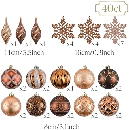 Valery Madelyn Christmas Tree Decorations Set, 40ct Bronze Copper and Gold Shatterproof Christmas Ball Ornaments Bulk, Luxury Hanging Ornaments for Xmas Holiday Party Decor