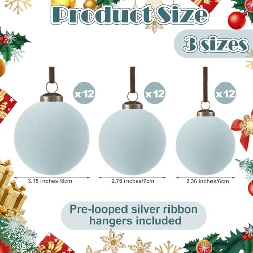 Foilswirl 36 Pcs Gray Blue Velvet Christmas Balls, 2.36", 2.76", 3.15"
