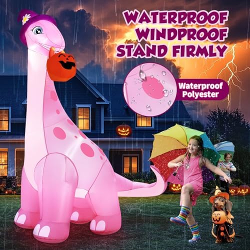 zukakii 13FT Giant Halloween Inflatables Decorations Outdoor Pink Dinosaur, Huge Halloween Blow Up Yard Decorations Dino with Large Pumpkin Witch Hat Build-in LED Light Strong Blower for Party Lawn