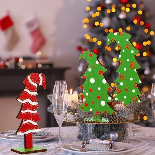 Meooeck 3 Pack Whimsical Wood Christmas Tree Lime Green Tabletop, Lines