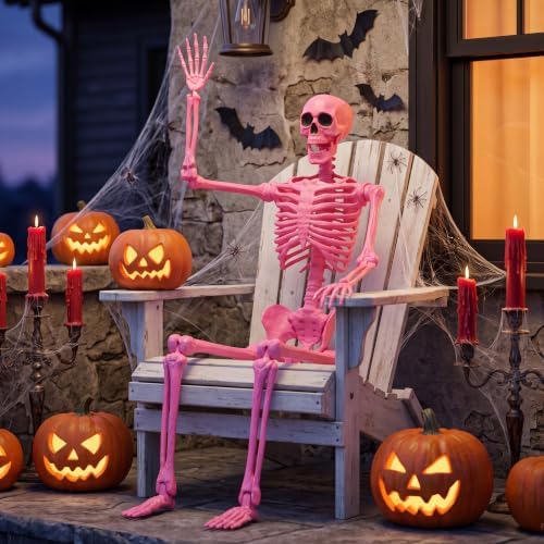 JOYIN 5 FT Halloween Skeleton Life Size, Stayable Posable Pink Skeleton Decor, Full Body Movable Joints Giant Skeletons for Halloween Decoration, Spooky Scary Graveyard Party, Haunted House Prop