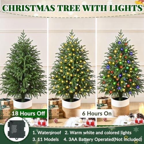 3FT 2PCS Small Christmas Tree with Lights, Pre-Lit Norfolk Pine Tree Potted