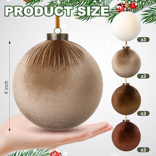 Liliful 12 Pcs Extra Large Velvet Christmas Balls Velvet Ornaments for Christmas Tree Flocked Shatterproof Xmas Tree Balls Bulk for Holiday Party Xmas Trees Hanging Decorations(4 Inch,Brown)