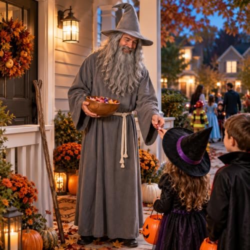 Gray Wizard Costume Men - 6Pcs Medieval Warlock Sorcerer Robe Set for Halloween
