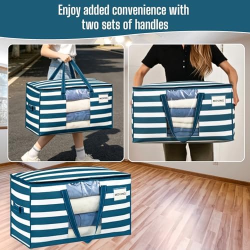 VENO Moving Bags, Wide Open Top, Clear Window, Classic Navy Stripe, 10 Pack