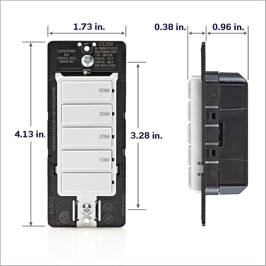 Leviton Countdown Switch for bathroom household lights, 10-20-30-60 min, Neutral Wire Required, 20A, 1HP/16A Fan/Motor, Single Pole, Multi-Way or Multi-Timer, DT260-1LW, White