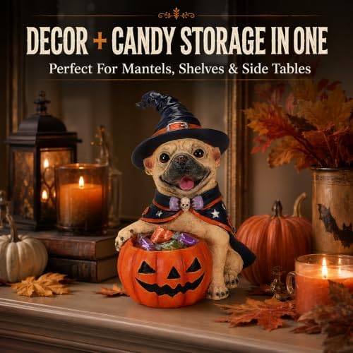 Halloween French Bulldog Candy Bowl, Witch Dog Statue Pumpkin Holder