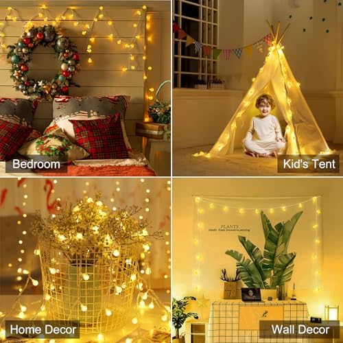 Crystal Globe String Lights Plug in - 33 ft 100 LED Globe Fairy String Lights with Remote and Timer, Waterproof for Bedroom Tent Loft Bed Window Porch Patio Wedding Party Holiday Decor, Warm White