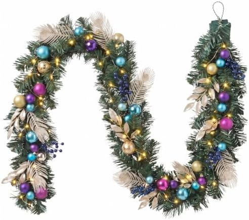 Riceshoot 6ft Peacock Christmas Garland LED Lights Purple Blue Gold Mantle