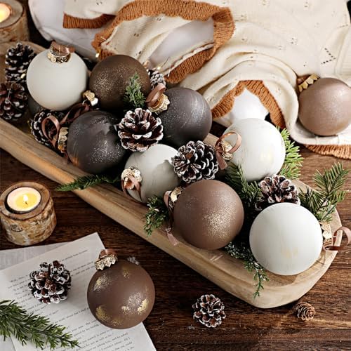 Yunlly 12 Pcs Neutral Christmas Ornament, Bronze Taupe Ivory, 3.15''