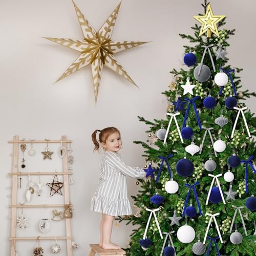 Hollowfly 95 PCS Velvet Christmas Tree Decor Set, Blue, Gray, White