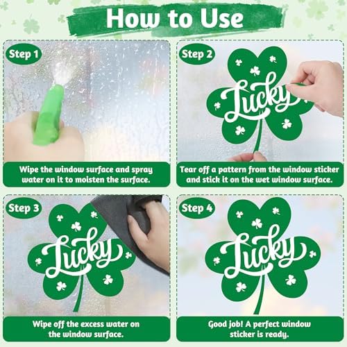 120 PCS St Patricks Day Decorations, 4 Sheets St Patricks Day Window Clings with Polka Dots Stripes Plaid Patterns, Double-Sided Green Party Decorations, Shamrock Window Clings for Home Decor