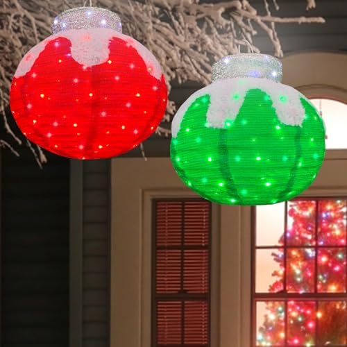 Outdoor Christmas Balls Lighted, 2pcs Pop-Up Christmas Ornaments Outdoor Decorations Prelit 160 Lights with 8 Flashing Effects, Collapsible Light Up Hanging Lantern Ball for Home Yard Decor-Red/Green