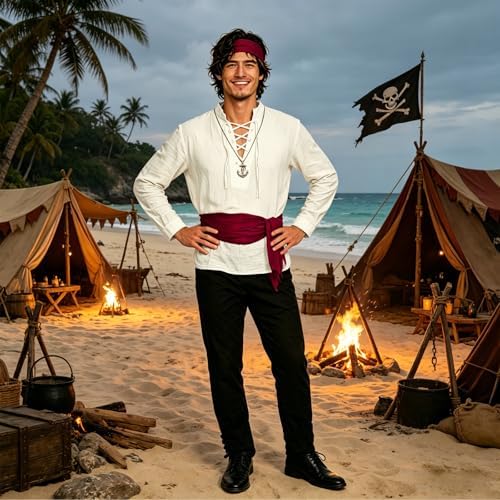Men’s Pirate Costume Set, 8-Piece Renaissance Medieval Outfit Accessories