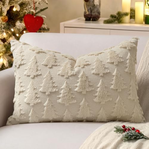 MIULEE Christmas Throw Pillow Covers Lumbar Beige Christmas Decorations Xmas Tree 16x24 Pillow Covers Soft Plush Faux Wool Pillowcases Holiday Festivals Winter Home Decor Sofa Couch Bed Porch
