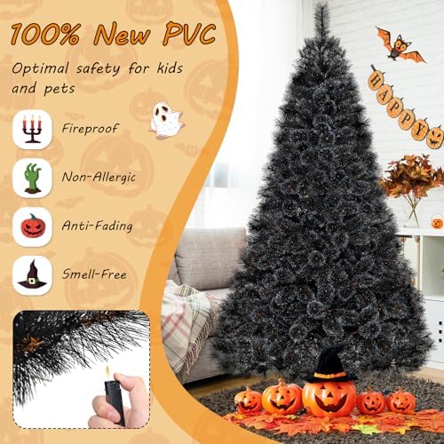 HAPPYGRILL 8 FT Pre-lit Black Christmas Tree, Artificial Halloween Tree w/860 Branch Tips, Frosted Pine Needles, 450 White LED Lights, Folding Metal Stand & Gloves, Hinged Xmas Tree for Carnival