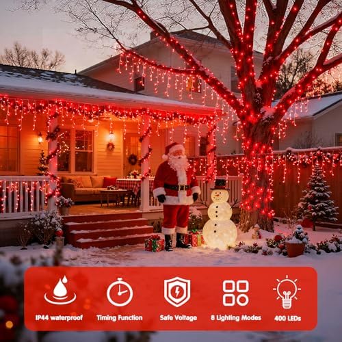 JMEXSUSS 400 LED Red Icicle Christmas Lights Outdoor