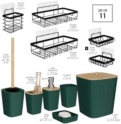 Clara Clark Bathroom Set - Hunter Green Bathroom Accessories Set, 6PC Bathroom Accessory Set, Bathroom Sets with Adhesive Corner Shower Caddy Hanging, Toilet Brush, Trash Can & Soap Dispenser