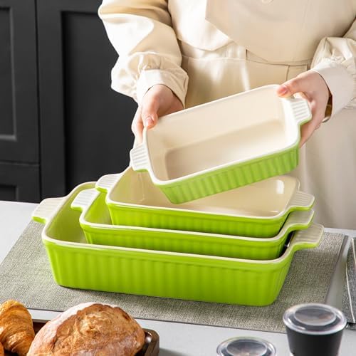 MALACASA Ceramic Baking Dishes Set of 4, Deep Casserole Dish, Green