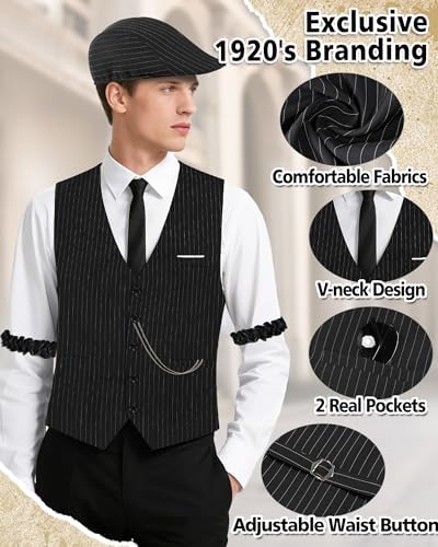 1920s Mens Costume, Roaring 20s Costumes for Men 1920s Mens Outfit with Walking Cane Vest Hat 1920 Mens Accessories