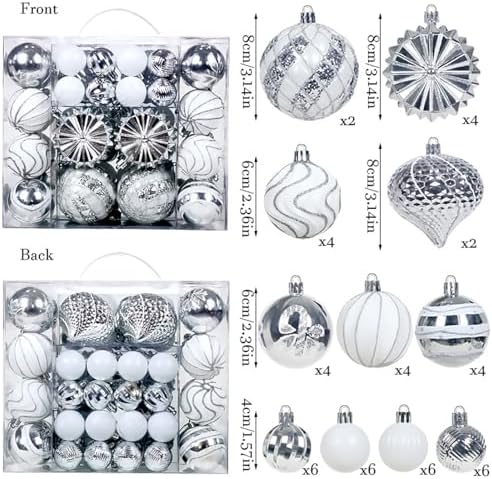 48 Pcs Christmas Balls Ornaments for Christmas Tree, Painted Shatterproof Plastic Decorative Baubles Hanging Ornaments for Xmas Tree Wreath Holiday Party Wedding Decoration, Silver White