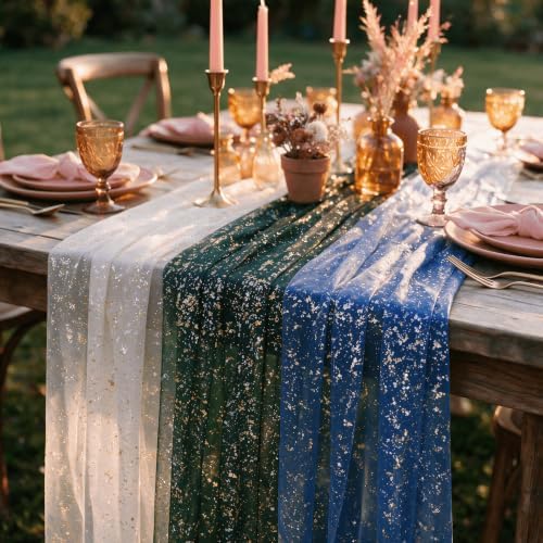 Artoid Mode 3PC Beige Green Blue Gauze Table Runner 120 Inch 10FT, Glitter Metallic Foil Sheer for Wedding Anniversary Holiday Birthday Home Party Decor