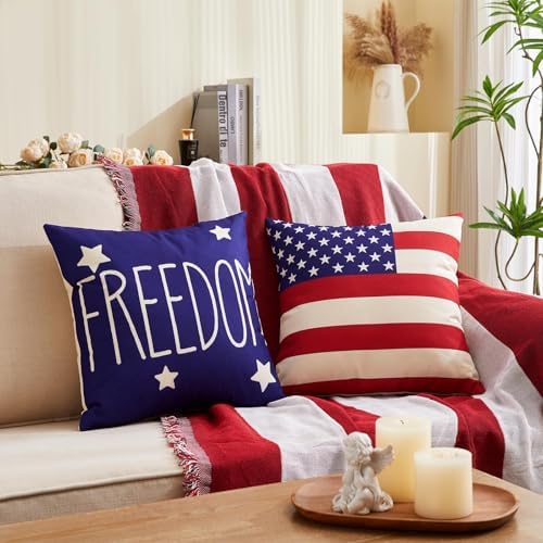 4th of July Pillow Covers 16x16 Inch,Set of 4 Patriotic Red White Blue Summer Outdoor Throw Pillow Covers,Independence Memorial Day USA Flag Linen Fourth of July Cushion Case for Sofa Couch Decor