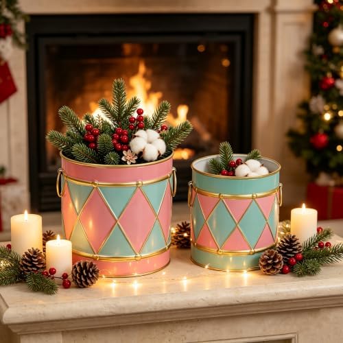 2-Piece Pastel Drum‑Shaped Metal Decorative Buckets Set, Vintage Festive Ice Bucket & Storage for Small Plants/Ornaments/Candies, Christmas Table Mantel Home Centerpiece Decor