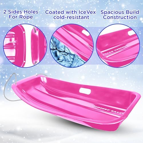 Slippery Racer Downhill Sprinter Flexible Kids Toddler Plastic Cold-Resistant Toboggan Snow Sled with Pull Rope and Handles, Pink (3 Pack)