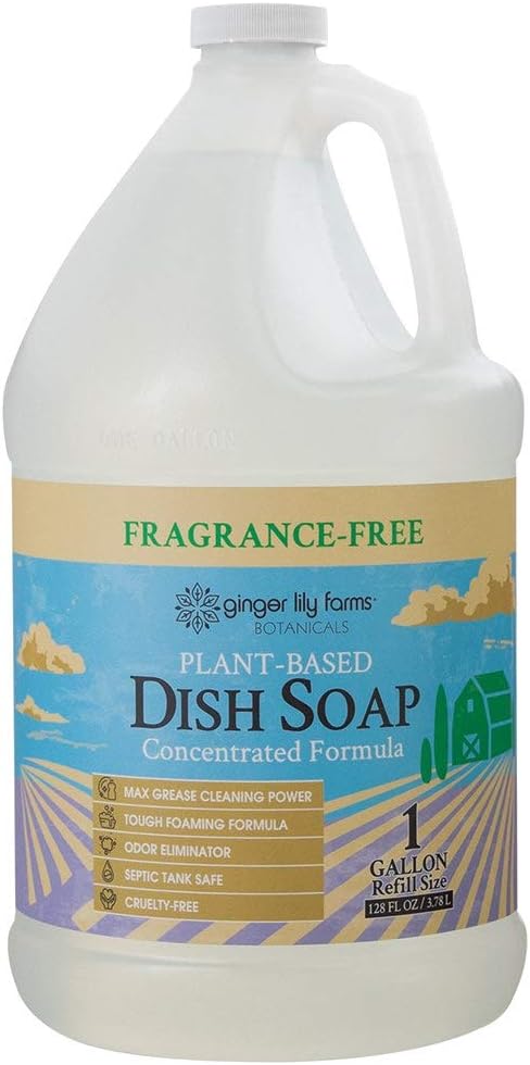 Ginger Lily Farms Botanicals Plant-Based Liquid Dish Soap, Concentrated Formula with Max Grease Cleaning Power, Cruelty-Free, Fragrance-Free, 1 Gallon Refill (128 Fl. Oz.), Clear (Pack of 4)
