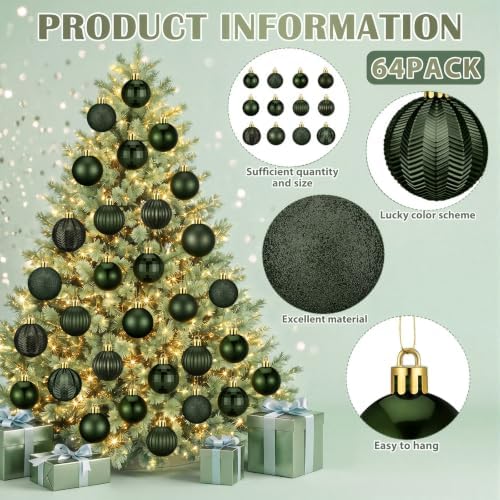 Lunmon 64 Pcs Dark Green Christmas Ball Ornaments Forest Green Xmas Baubles