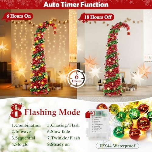 MACTING Whimsical Christmas Tree with Ball String Lights 5FT Pop Up Curved Tree with 15 Ball Lights & Hanging Ornaments Collapsible Tinsel Tree for Apartment Porch Indoor Outdoor Xmas Decor,Red&Green