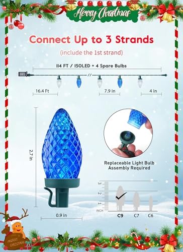 C9 Christmas Lights Outdoor, 114FT 150LED C9 String Lights, Blue|Pure White