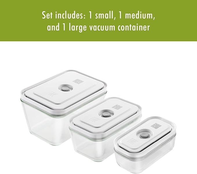 Zwilling Fresh & Save 3-Pc Glass Food Storage Container Set | Airtight Glass Containers Keep Food Fresh Up to 5X Longer with the Fresh & Save Vacuum Pump (Pump Not Included).