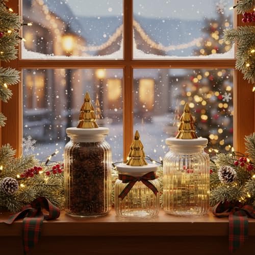 Mimorou 3 Set Christmas Glass Jars with Lids 44oz 33oz 22oz Ceramic Christmas Tree Candy Jars Airtight Xmas Glass Food Storage Containers for Xmas Party Tea Cookie Snacks Sugar