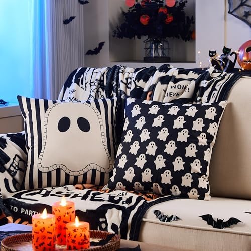 Halloween Decor Pillow Covers 18x18 Inch,Set of 4 Halloween Decorations Outdoor Indoor Throw Pillow Covers, Hey Boo Cute Spooky Ghost Black Striped Linen Cushion Case for Home Sofa Couch Bed Chair