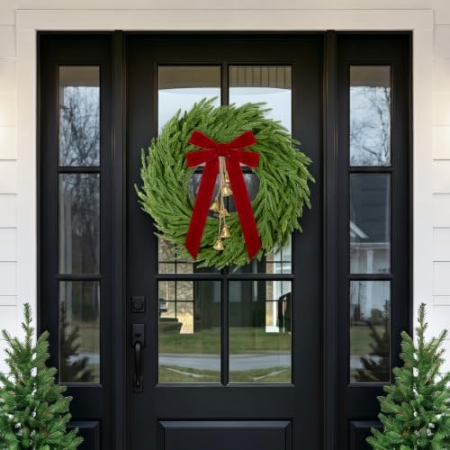 Christmas Decor, 24" Norfolk Pine Christmas Wreath with Velvet Bow & Bells
