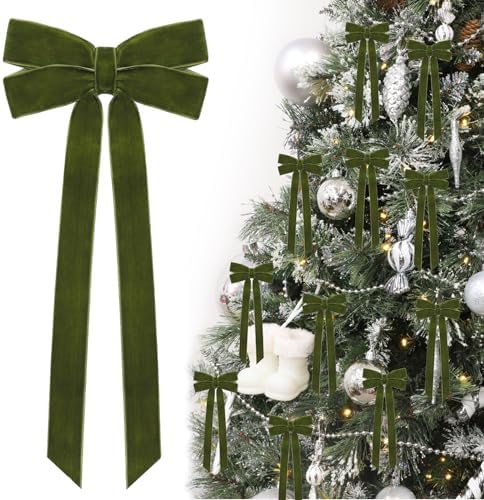 12Pcs Green Velvet Ribbon Bows Christmas Tree Decorations,5in x 10in St Patricks Day Ornaments for Tree Home Party Front Door Wreath Garland Holiday Decor