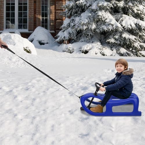 Snow Sled for Kids, Single Rider Saddle Sleigh with Steering Wheel & Pull Rope, 220 lbs Capacity Lightweight Winter Toboggan for Snowy Hills, Backyard, Outdoor Play for Toddlers Boys Girls