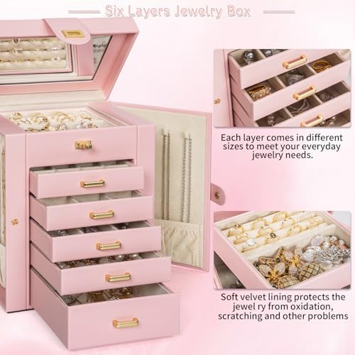 AKOZLIN 6-Tier Jewelry Box Organizer 5 Drawers Storage Light Pink Regular