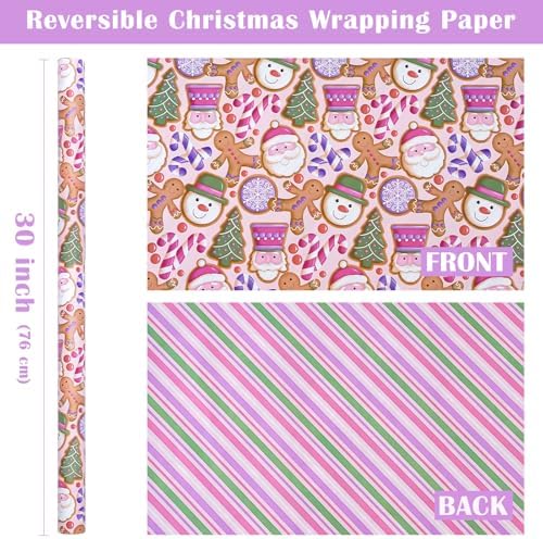 WRAPAHOLIC 30 Inch Reversible Gingerbread Christmas Wrapping Paper - 30 Inch x 33 Feet - Pink Purple Stripes and Gingerbread Wrapping Paper for Xmas Holiday, Party Celebration