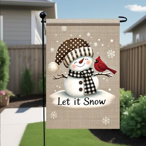 12x18 Inch Snowman Christmas Garden Flag Cardinal Bird Winter Outdoor Yard Decoration Christmas Holiday Seasonal Banner Double Sided Vertical House Lawn Decor for Farmhouse