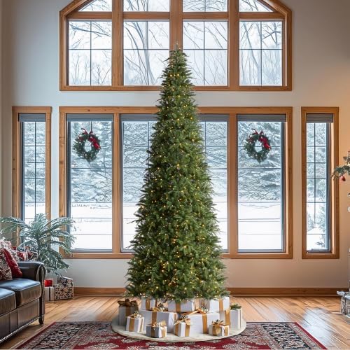Glitzhome 11ft Prelit Artificial Christmas Tree, Radiant Evergreen Fir with 850 Warm White/Multi-Color LED Lights, Holiday Tree w/Easy Assembly, Metal Hinges & Foldable Base