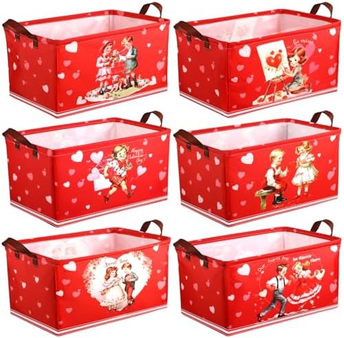 CHENGU 6 Pack Valentine's Day Storage Basket Vintage Valentine's Day Basket for Gift Collapsible Red Heart Holiday Decor Retro Large Bin Foldable Waterproof Box with Handle for Bedroom Laundry Nursery