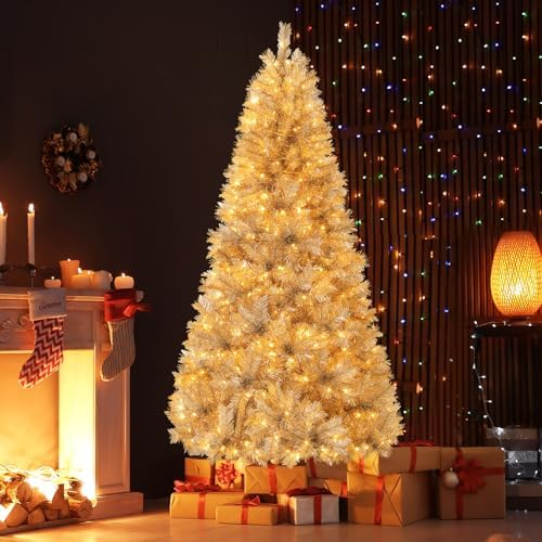 HAPPYGRILL 7 FT Pre-Lit Christmas Tree Silver Tinsel Artificial Xmas Tree with 807 Branch Tips, 400 Warm White LED Lights, Upgraded Metal Stand, Hinged Decoration Tree, Festive Celebration Tree