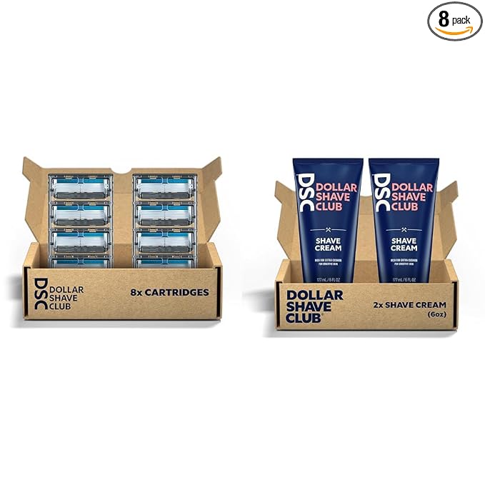 Dollar Shave Club 6 Blade 8 Count Razor Refills and 2 Pack Shave Cream with Aloe and Oils