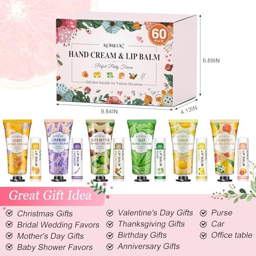 KONEUK 60 Pack Hand Cream Bulk and Lip Balm Bulk Sets, Thank You Gifts