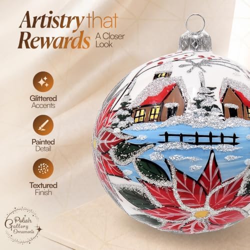 Polish Hand Blown Glass Christmas Ornaments Ball, Wintry Merry Xmas 5 in