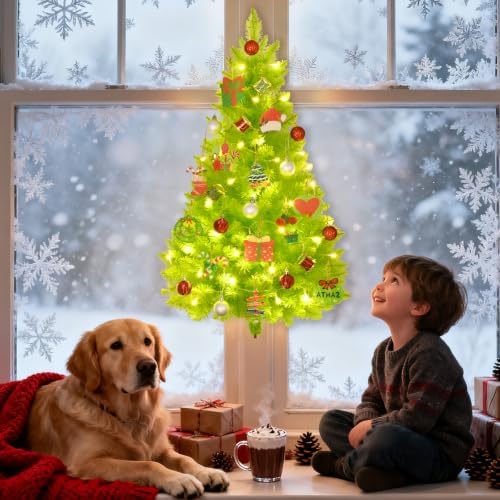 3 FT Wall Christmas Tree, Lime Green Half Christmas Tree Hanging, DIY 1/2 Chrismas Tree for Window with Lights, Ornaments and Hooks, Hainging Xmas Tree for Door, Pet Owners Xmas Decor